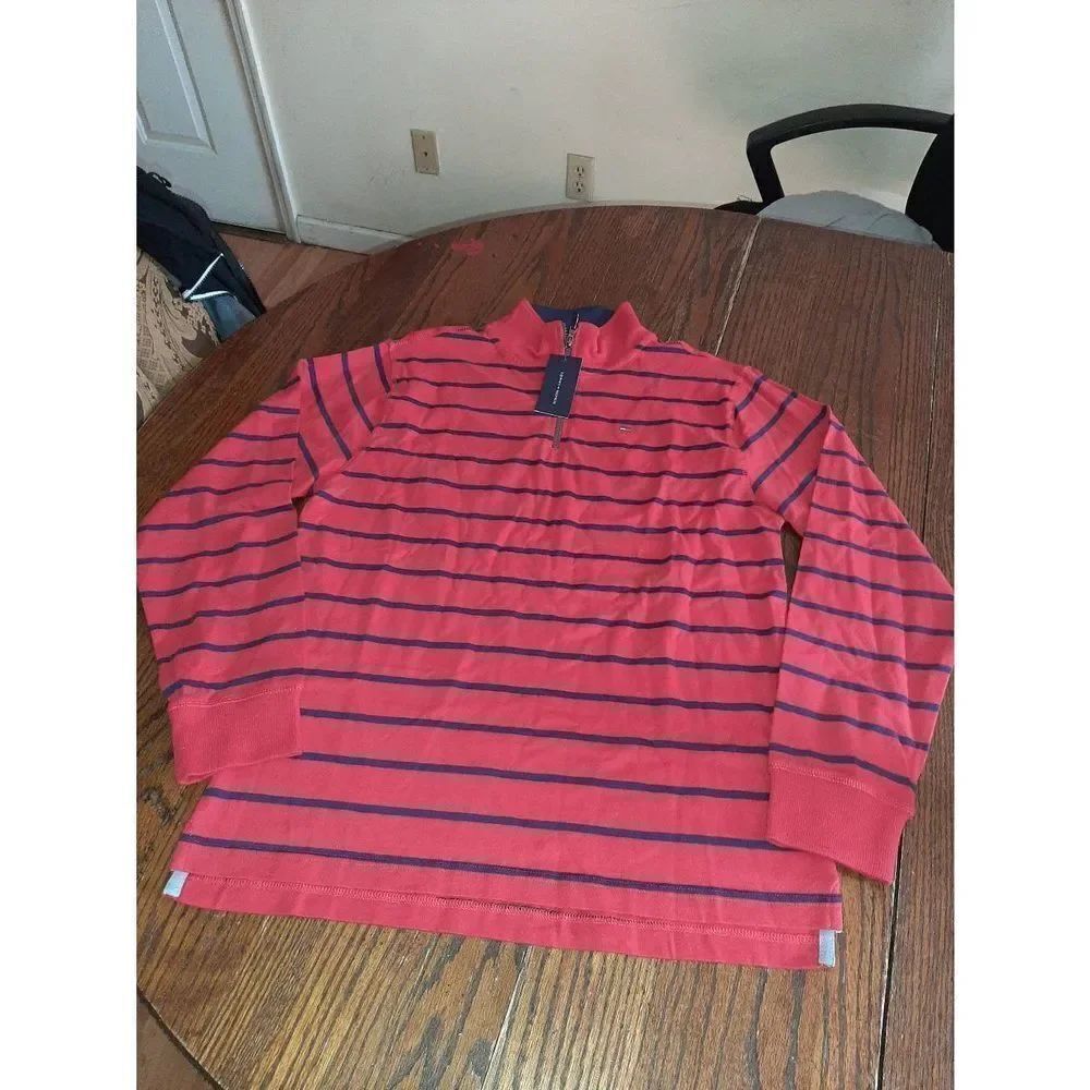 New Boys XL 20 Tommy Hilfiger Red Blue 1/4 Zip Long Sleeve Striped Shirt NWT